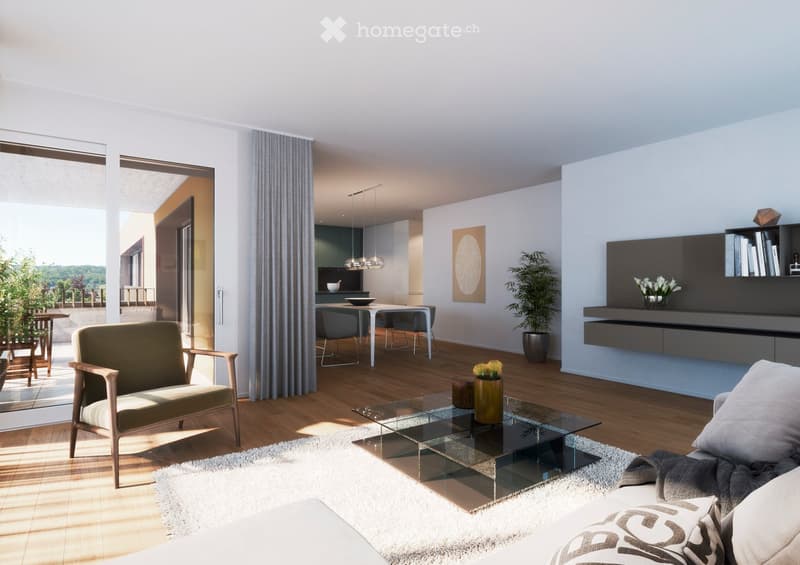 Modern living room with a sofa, armchair, coffee table, dining area, pendant lights, bookshelf, and plants.