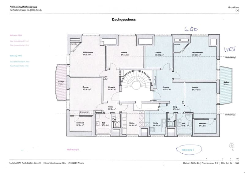 Floor plan of the roof level (Dachgeschoss) showing two apartments (Wohnung 6 DG and Wohnung 7 DG) with living rooms, bedrooms, bathrooms, kitchens, balconies, and hallways.
