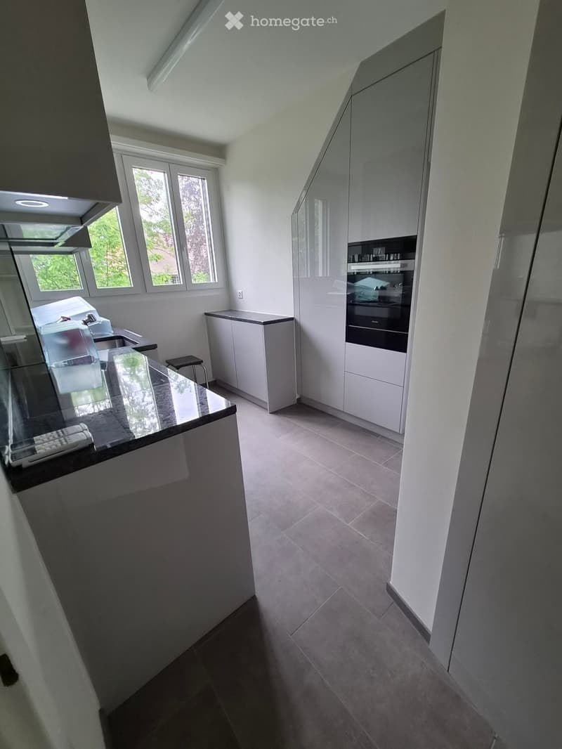 Modern kitchen with white cabinets, dark countertops, and built-in appliances, including an oven and a sink. The space features large windows and a sleek, contemporary design.