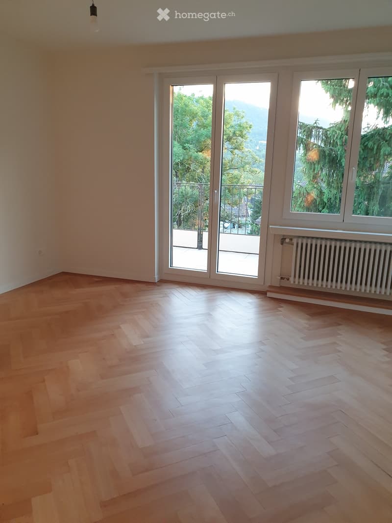 Empty room with wooden flooring, large windows, and a radiator. No furniture or equipment present.