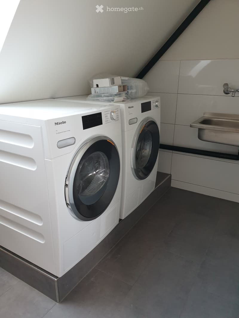 Modern bathroom with white washing machine and dishwasher, sleek design, dark tiled floor, and white cabinets.