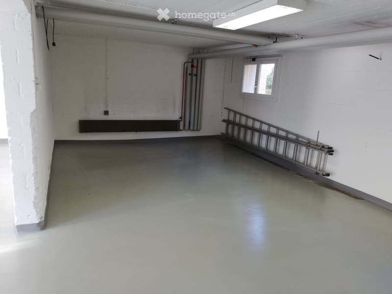 Empty garage with white walls, concrete floor, metal ladder, and a window.