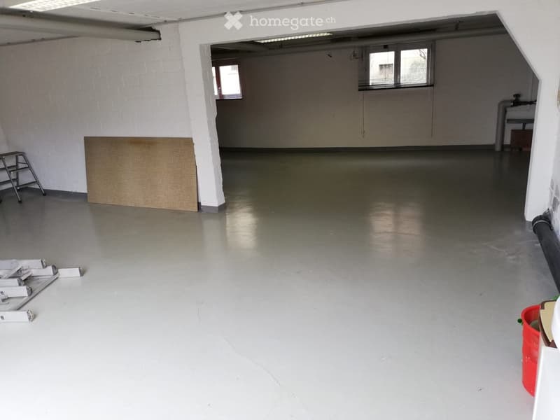 Empty room, white walls, white floor, ladder, cardboard sheet, red bucket