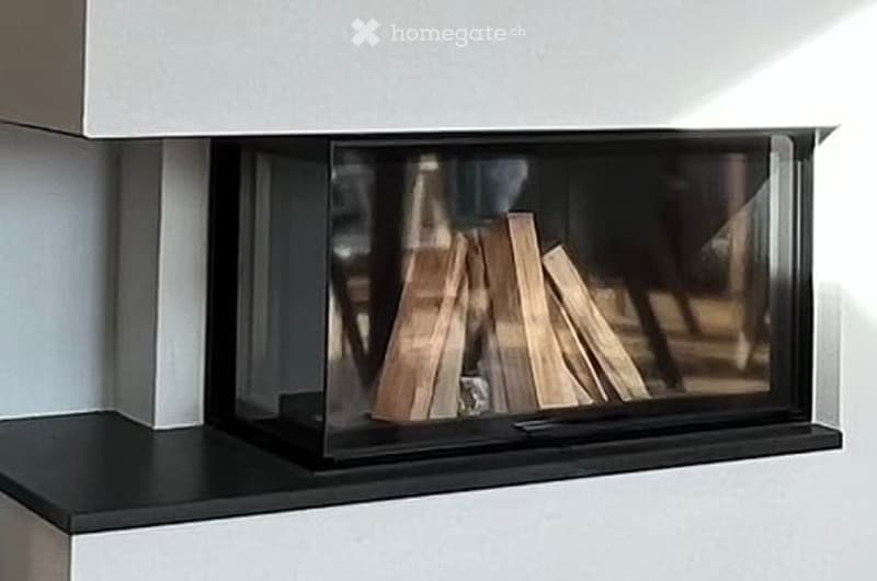 Modern electric fireplace with a sleek black frame and a glass front, displaying a realistic wood-burning effect.