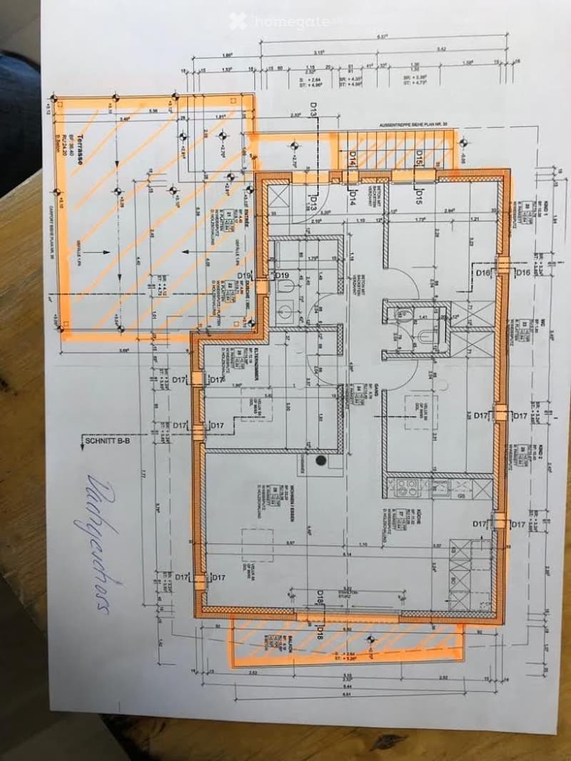 Architectural floor plan showing layout of rooms and dimensions, including living area, bedrooms, bathrooms, and terrace.