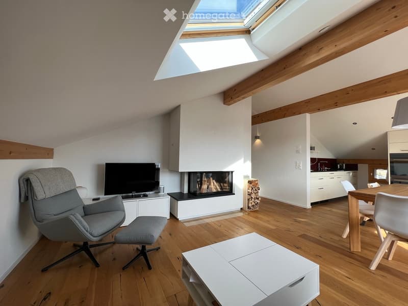 Bright living room with wooden floors, a fireplace, a sofa, a coffee table, a TV, and a dining area with a table and chairs.