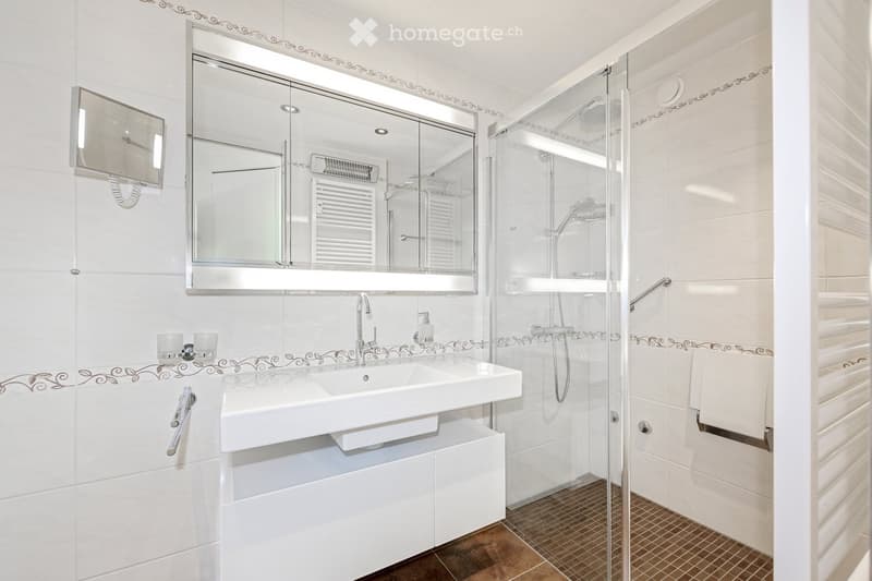 Modern bathroom with white tiles, a large mirror, a sink with a chrome faucet, a glass-enclosed shower, and a handrail for safety.