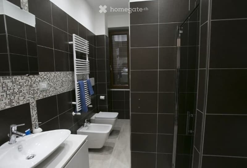 Modern bathroom with black tiled walls, white sink, chrome faucet, toilet, bidet, and glass-enclosed shower. A white towel rack holds a blue towel.
