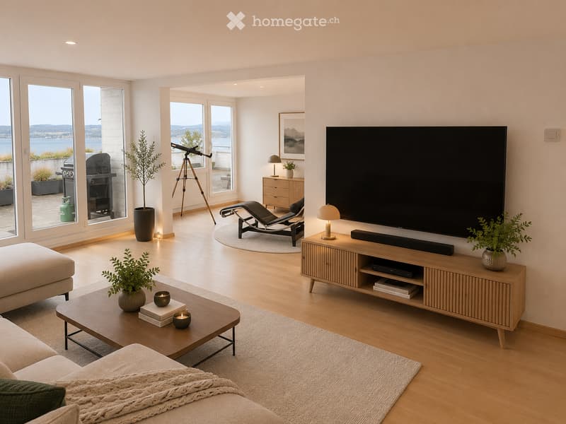 Modern living room with large windows offering a scenic view, featuring a sofa, coffee table, television, table lamps, a lounge chair, and decorative plants.