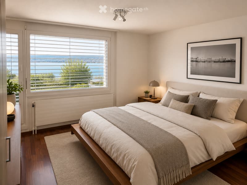 Modern bedroom with a large bed, nightstand, lamp, picture frame, and a view of the water through large windows.