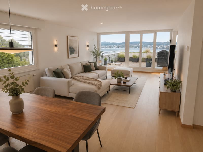 Modern living room with large windows offering a scenic view, a sectional sofa, coffee table, ottoman, dining table, chairs, television, pendant light, wall-mounted lights, and decorative plants.