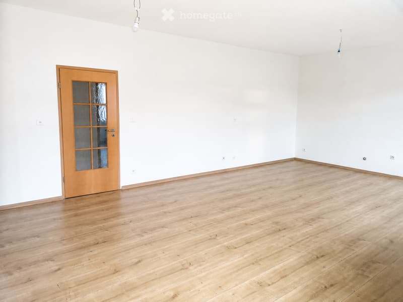 Empty room with light wooden flooring, white walls, and a single wooden door with glass panels.