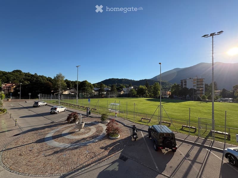 Outdoor area with a parking lot, small green field, and surrounding trees and buildings.