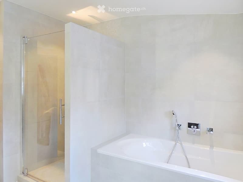 Modern bathroom with a white bathtub, glass shower enclosure, and sleek fixtures.