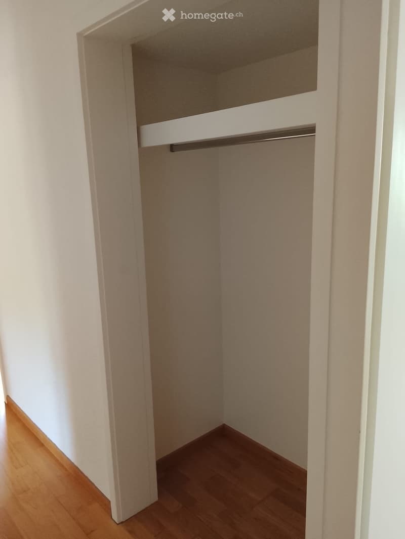 Empty closet with wooden floor and white walls, featuring a single clothes rod and shelf.