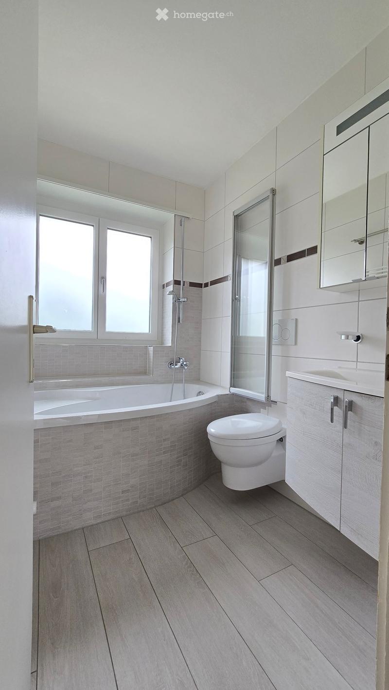 Modern bathroom with a bathtub, toilet, sink, mirror, and cabinet. Features a large window and a glass shower enclosure.