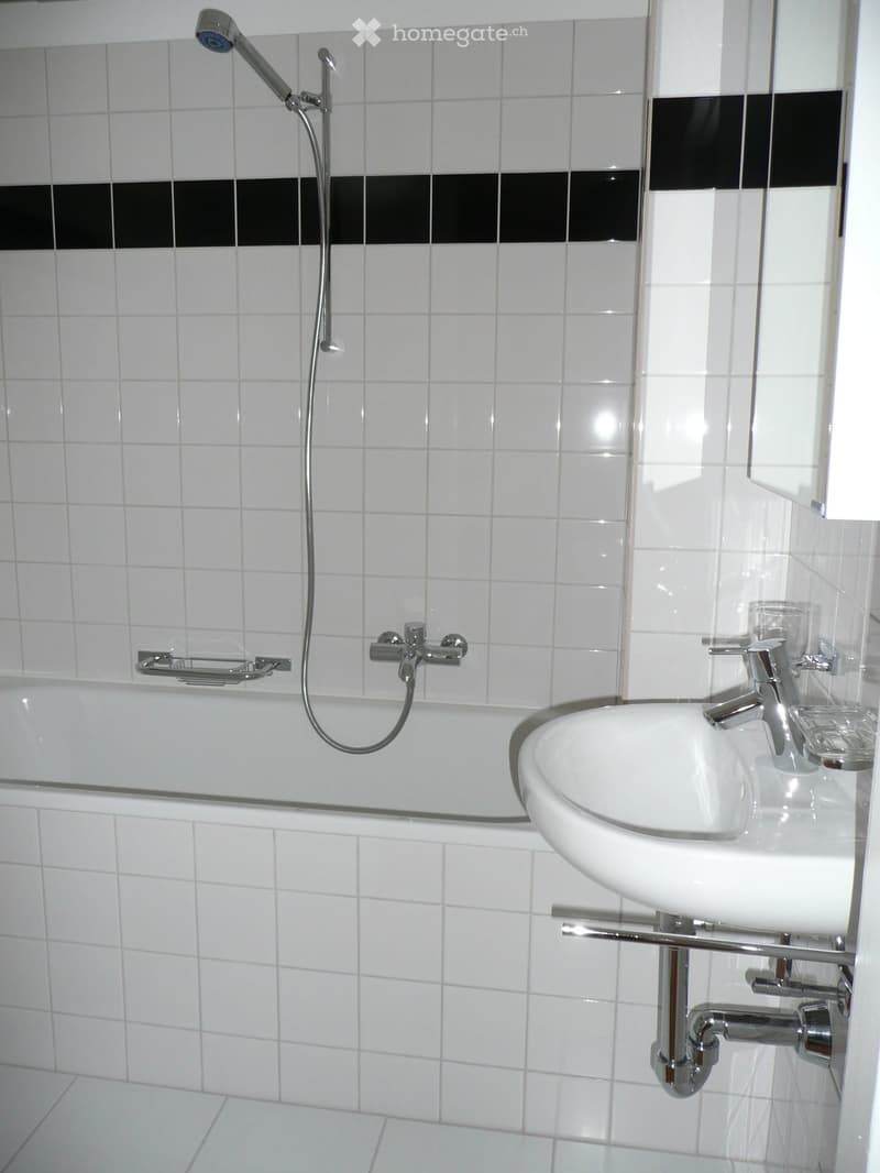 Modern bathroom with white tiled walls and floor, featuring a bathtub with a handheld showerhead, a sink with a modern faucet, and a towel rack.