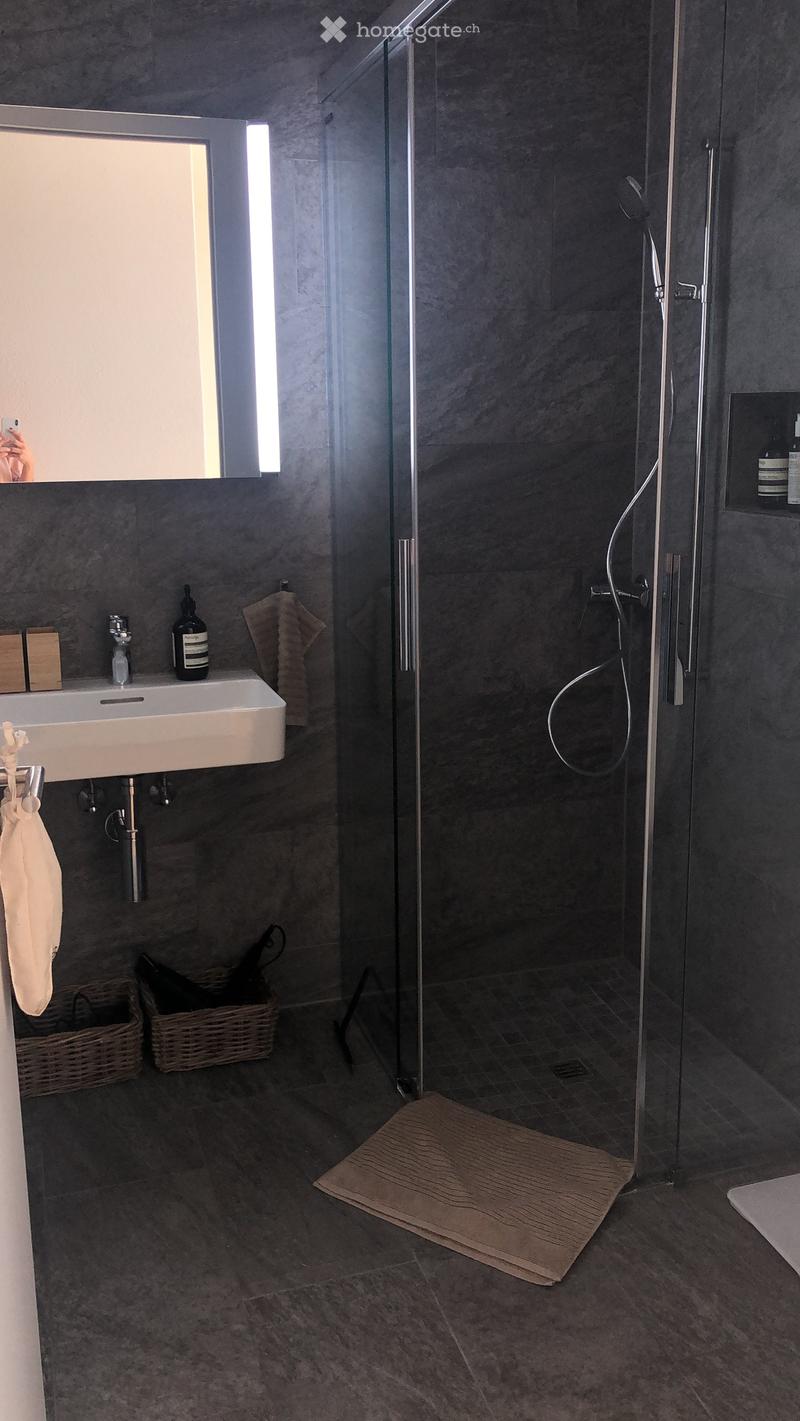Modern bathroom with dark grey tiles, a white sink, a glass-enclosed shower, and two woven baskets on the floor.