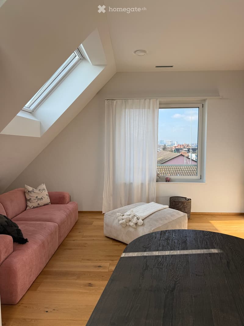 Bright attic living room with wooden flooring, large window offering city view, skylight, pink sofa, coffee table, ottoman, and wicker basket.