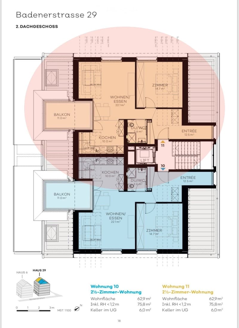Floor plan of the second floor of a building, showing two apartments (Wohnung 10 and Wohnung 11), each with 2.5 rooms, including living/dining areas, kitchens, bathrooms, bedrooms, and balconies.
