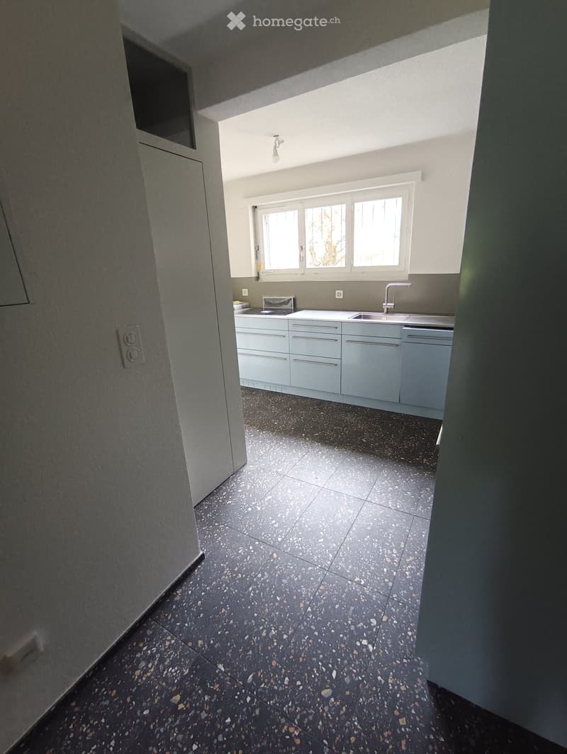 Modern kitchen with light grey cabinets, a sink, and a speckled dark grey tile floor.