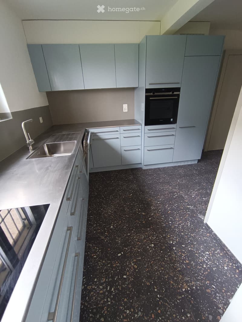 Modern kitchen with light grey cabinets, stainless steel sink, and built-in oven. Dark speckled floor.