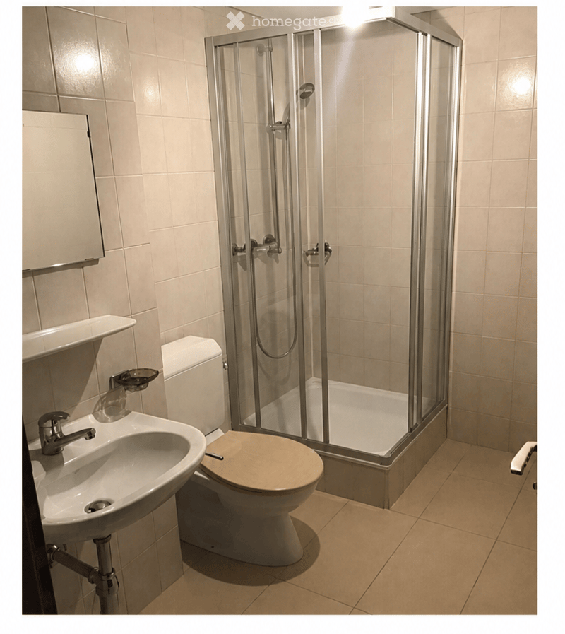 Modern bathroom with a glass-enclosed shower stall, a toilet with a wooden seat cover, a sink with a chrome faucet, and a wall-mounted mirror.
