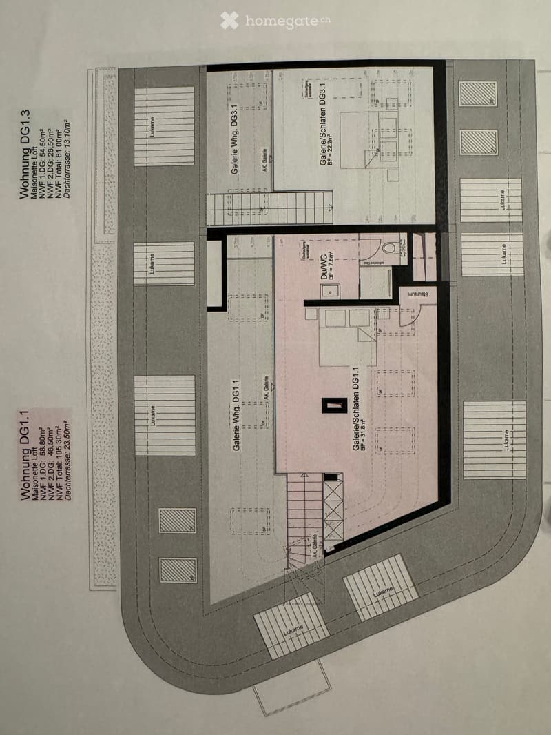 Floor plan of a multi-level building with labeled rooms including galleries, living spaces, and technical areas. Includes dimensions and floor levels.