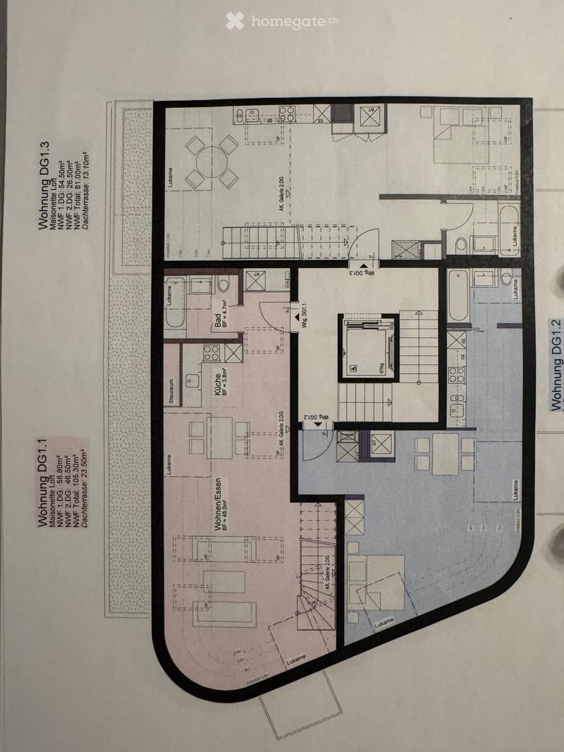 Floor plan showing three residential units with labeled rooms including living/dining area, kitchen, bathroom, and bedroom.