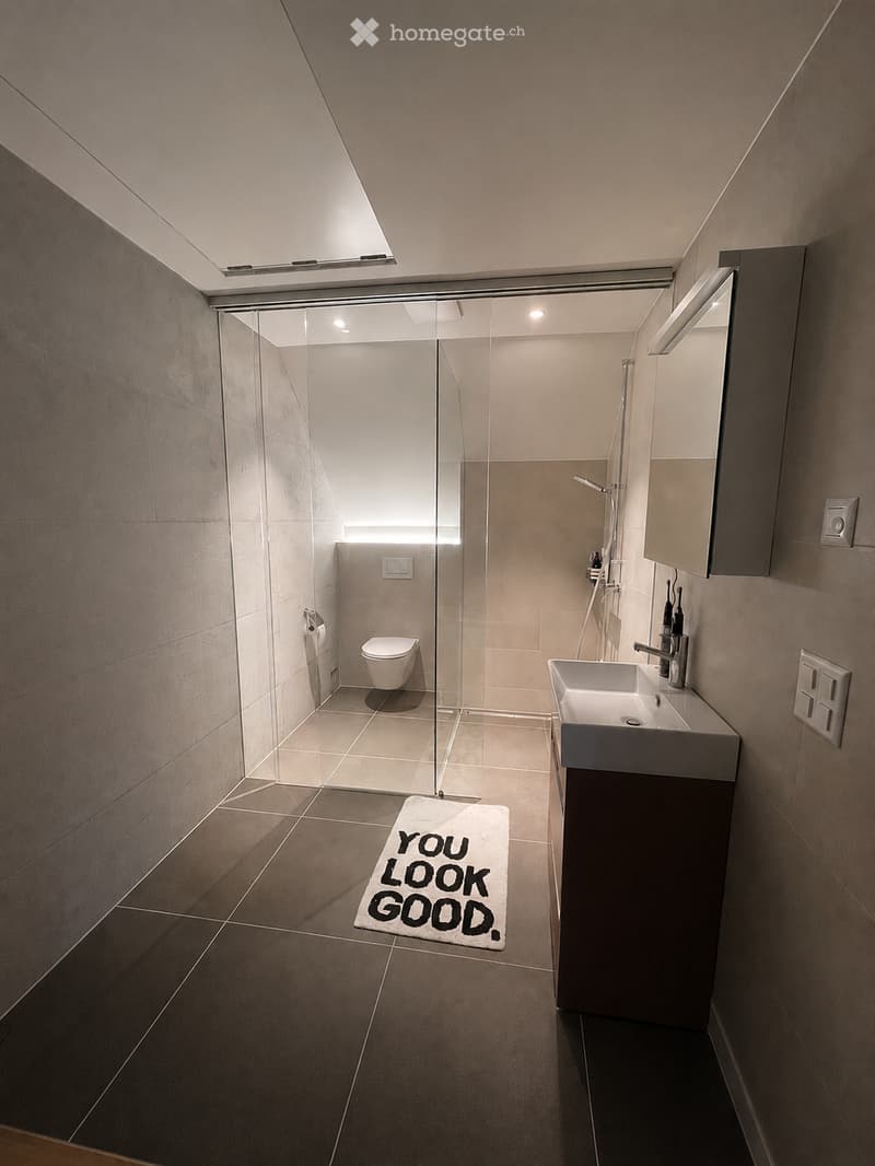 Modern bathroom with a glass-enclosed shower, a white toilet, a sink with a modern faucet, a built-in mirror cabinet, and a decorative rug reading "YOU LOOK GOOD."
