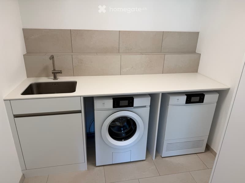 Compact laundry area with a white countertop, sink, washing machine, and dishwasher.