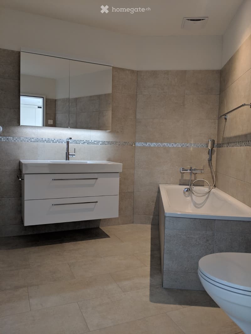 Modern bathroom with beige tiles, a white sink with a chrome faucet, a large mirror with built-in cabinets, a bathtub with a handheld shower, and a toilet.