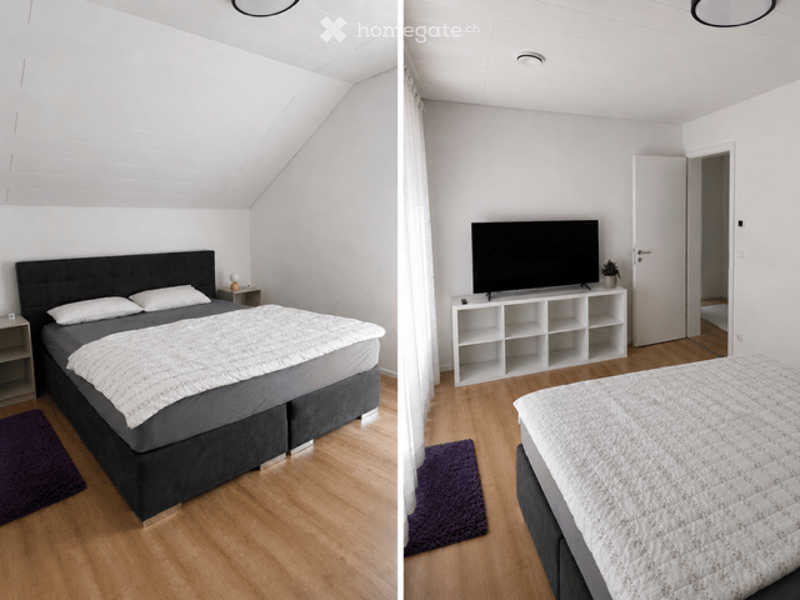Two images of a furnished room: one showing a bed with pillows and a nightstand, and the other showing a TV on a stand with a bed visible in the foreground.