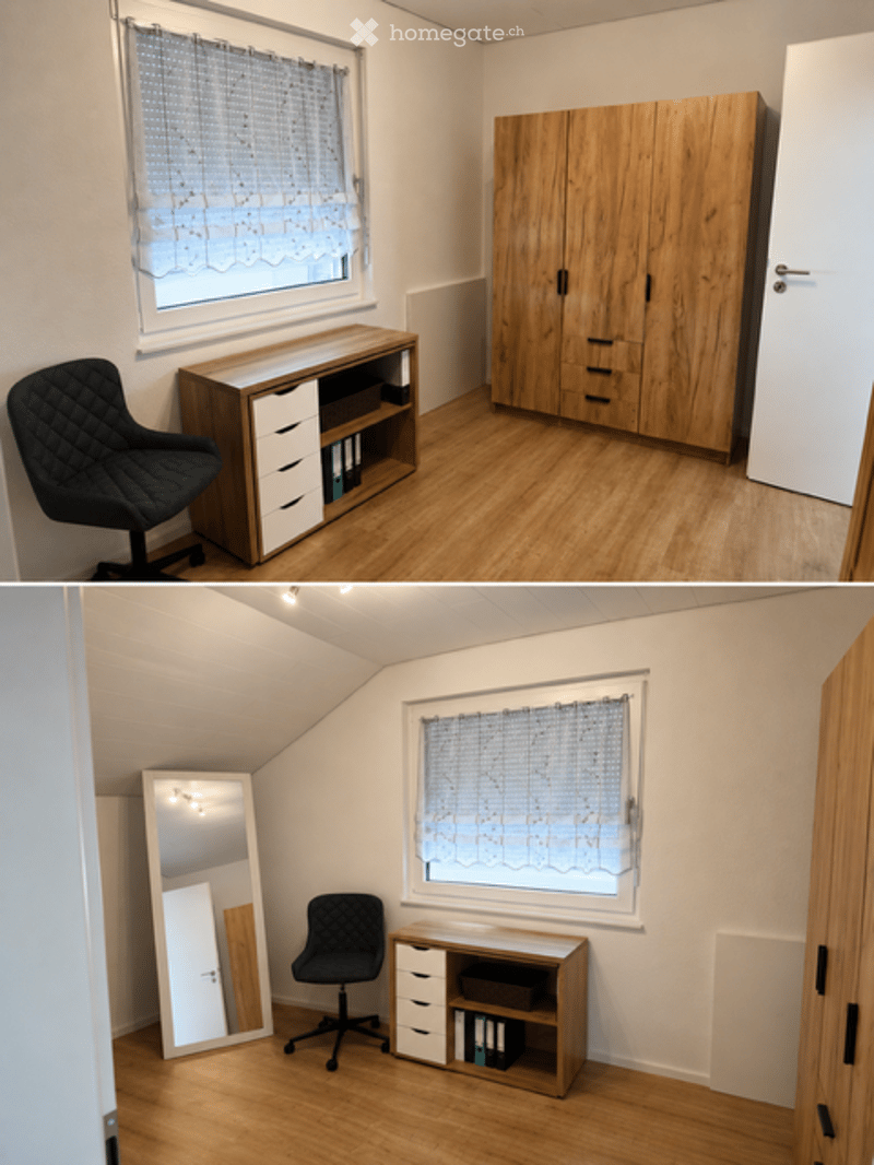 Two images of a furnished room with a wooden floor, a large window with white curtains, a black office chair, a wooden cabinet, a desk with drawers, and a mirror.
