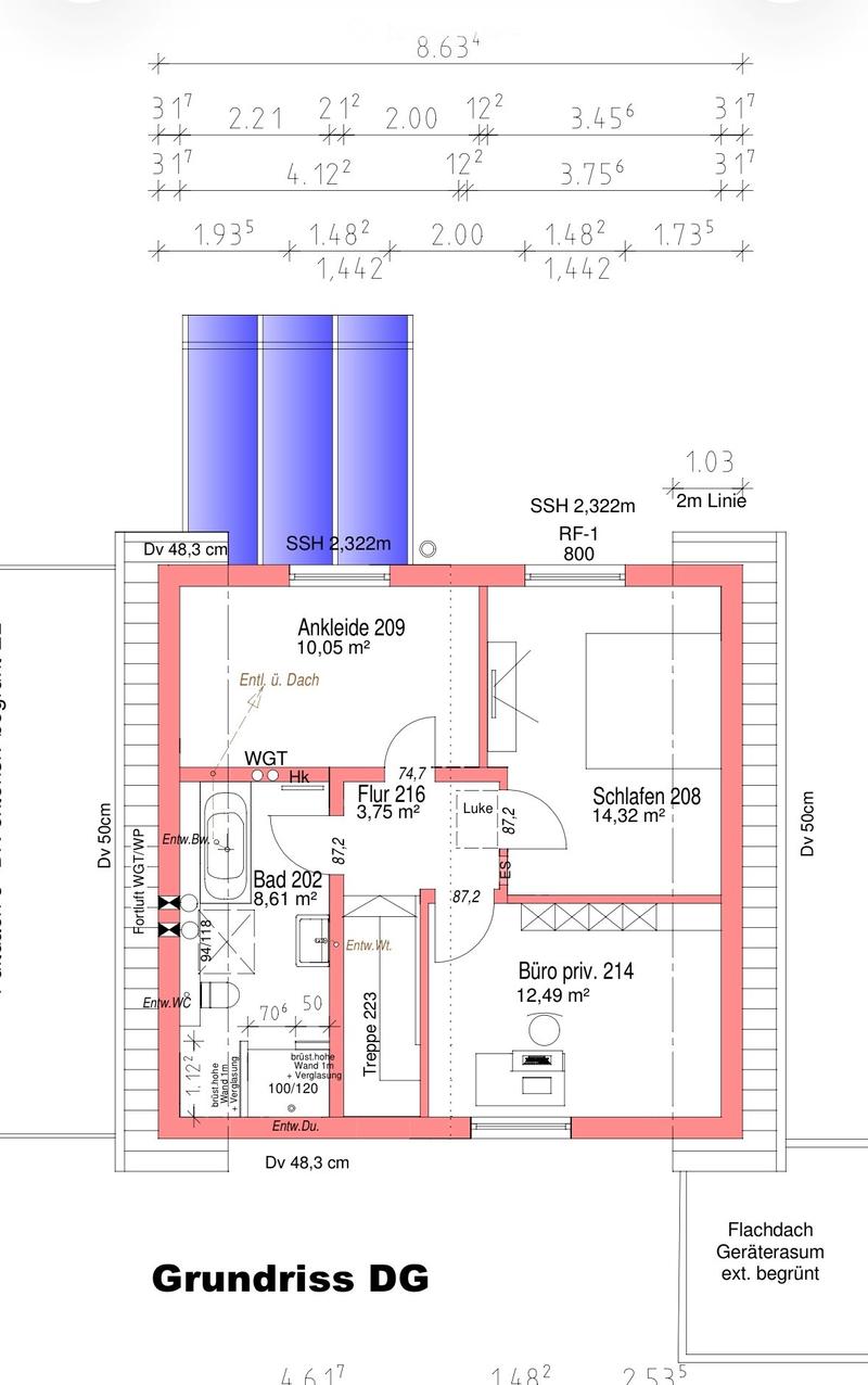 Floor plan of a top-floor apartment showing a bathroom, bedroom, hallway, and private office. Includes measurements and room labels.