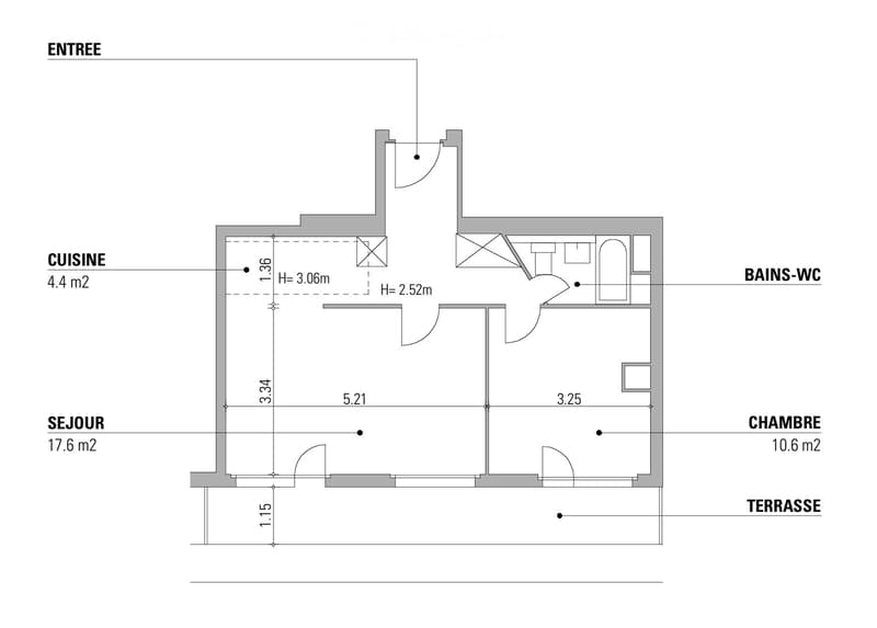 Floor plan showing an entrance, kitchen, living room, bedroom, bathroom, and terrace with labeled dimensions and heights.