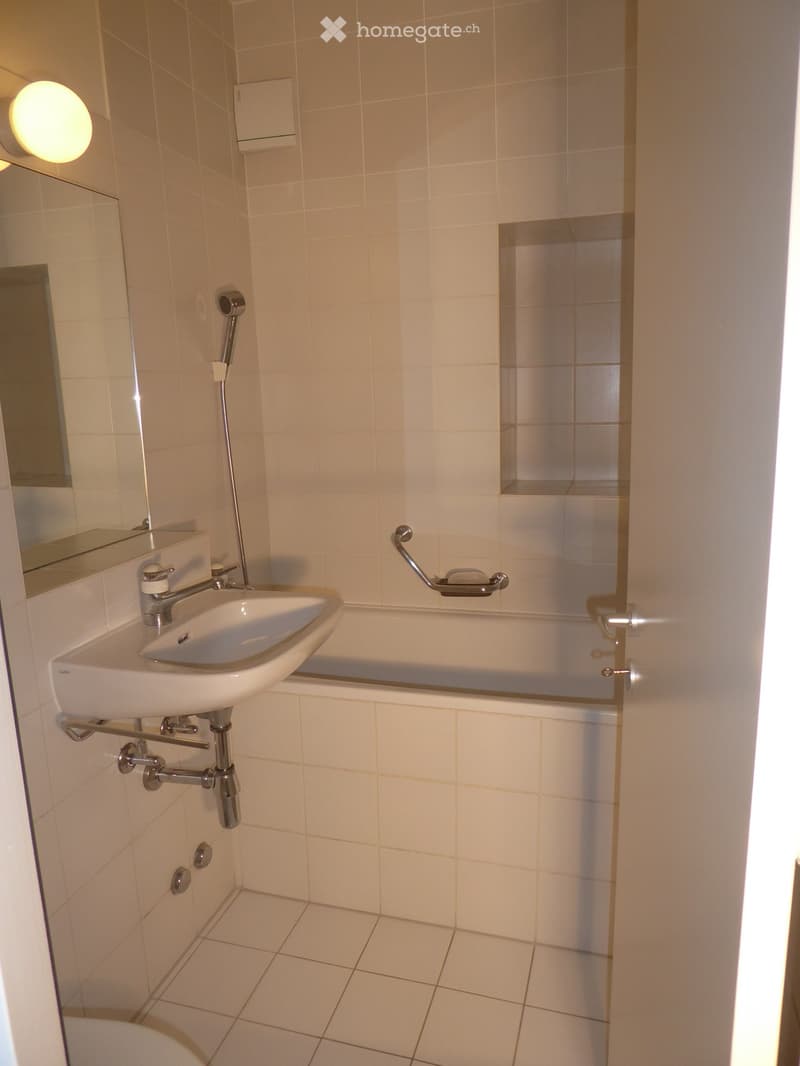 Modern bathroom with a white sink, bathtub, and mirror. Features tiled walls and floor, a handheld showerhead, and a built-in shelf in the bathtub area.