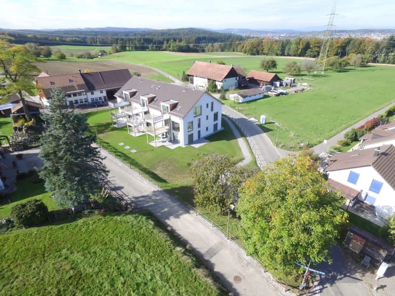 Aerial view of a residential complex with multiple houses, surrounded by green fields and trees. The main house is a two-story white building with a gray roof and balconies. Other smaller houses and outbuildings are visible in the surrounding area.