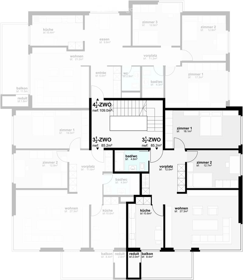 Floor plan of a multi-unit building with labeled rooms including kitchens, living areas, bedrooms, bathrooms, balconies, and entrances.