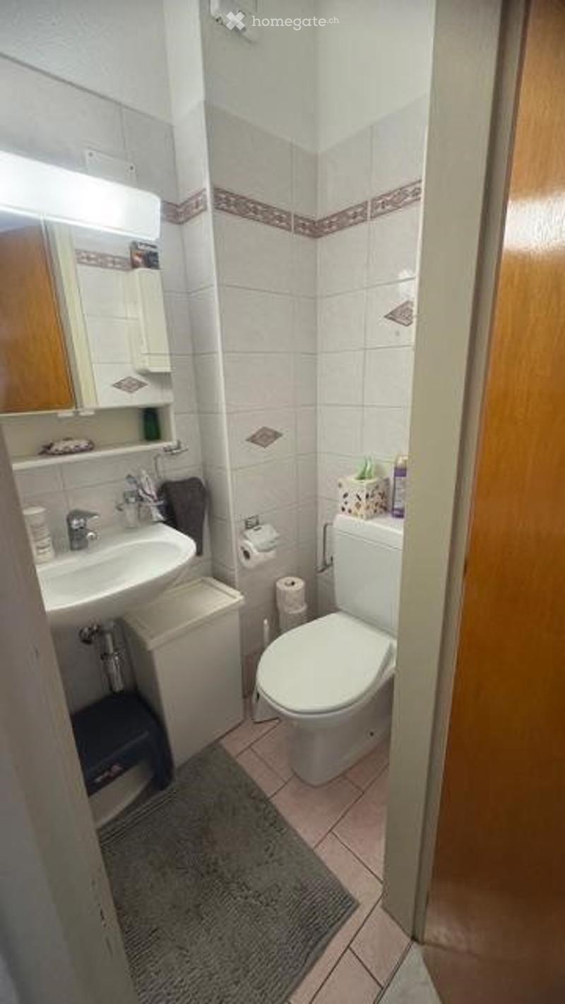 A compact bathroom with white tiled walls, a sink with a mirror above it, a toilet, and a small rug on the floor.