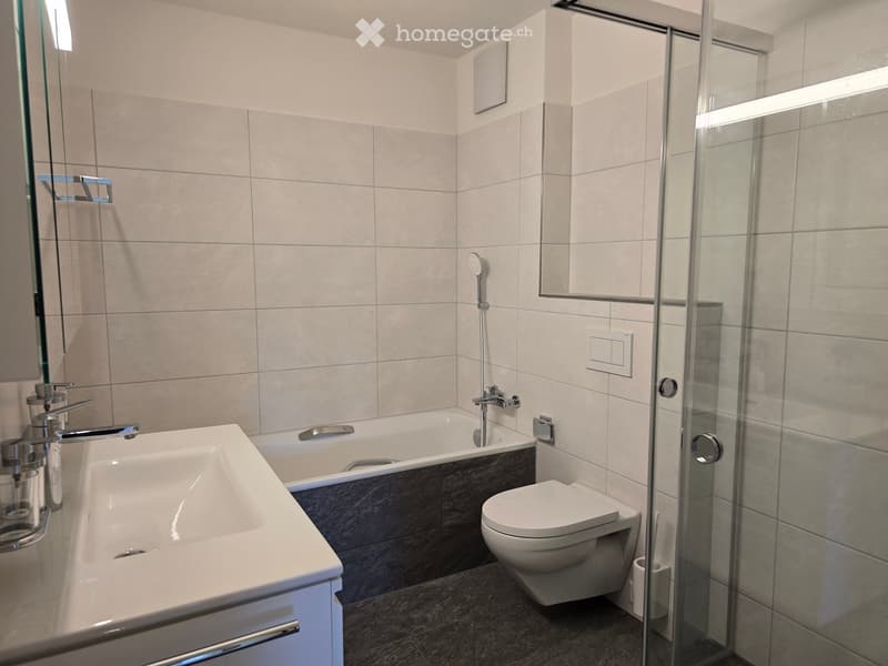 Modern bathroom with a white sink, bathtub, toilet, and glass-enclosed shower. Light gray tiles and sleek fixtures.