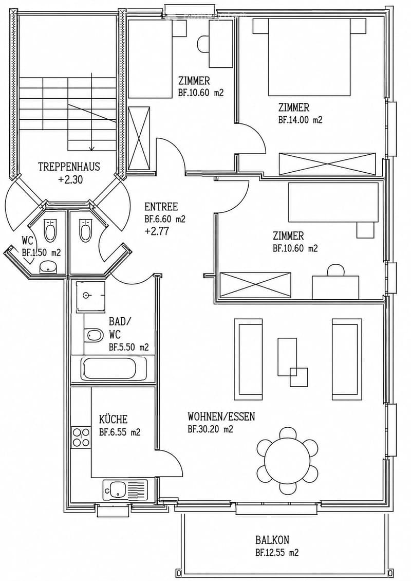 Floor plan of a 2-story house with rooms labeled in German: entrance, kitchen, bathroom/WC, living/dining area, bedrooms, staircase, and balcony.