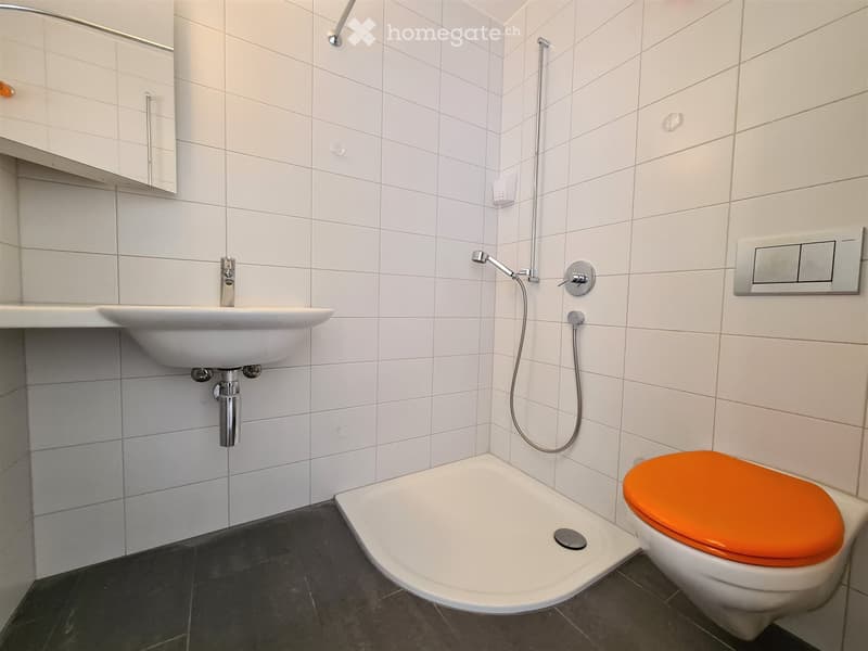 Modern bathroom with white tiles, a corner shower, a sink, and a toilet with an orange seat.