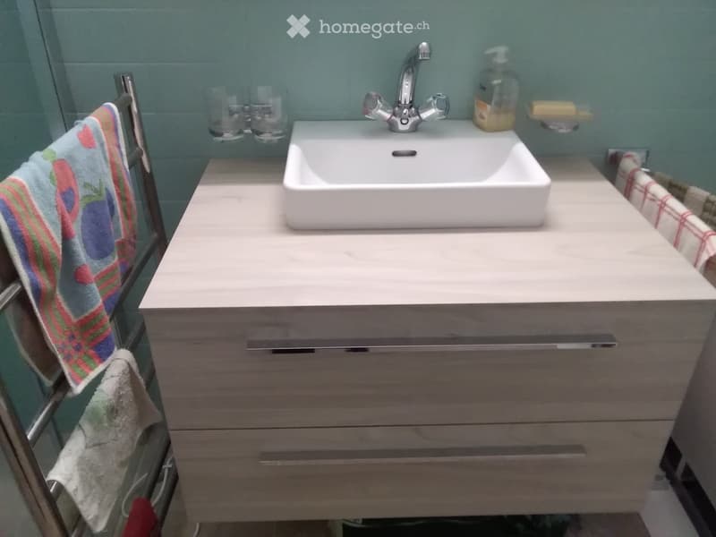 Modern bathroom with a white sink, chrome faucet, wooden vanity, and colorful towels hanging on a rack.