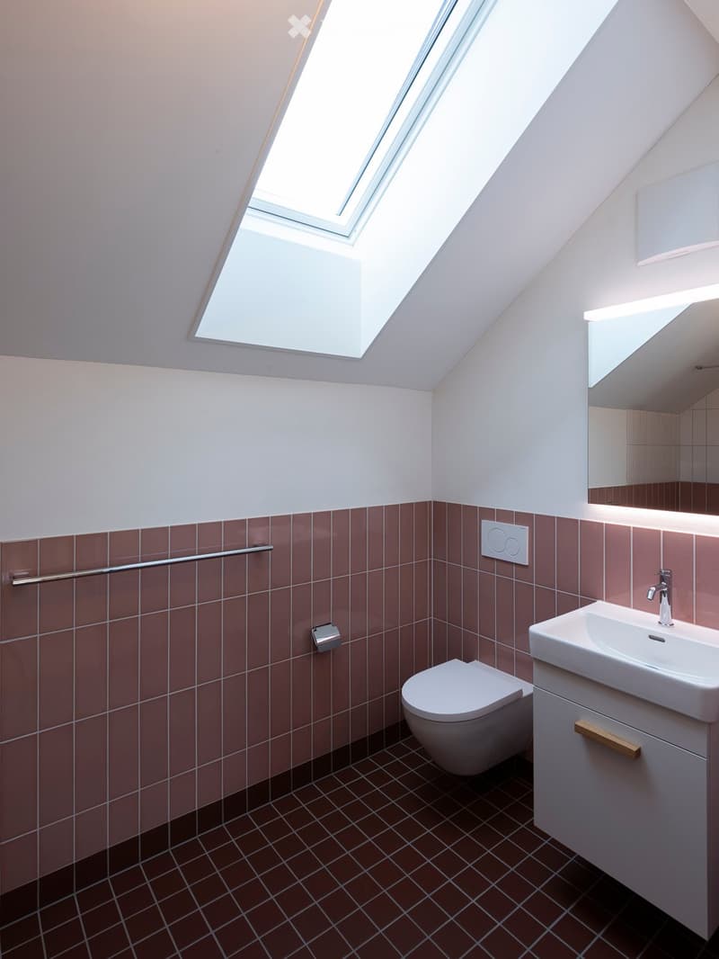 Modern bathroom with a skylight, red-brown tiles, a white sink, toilet, and a mirror with built-in lighting.