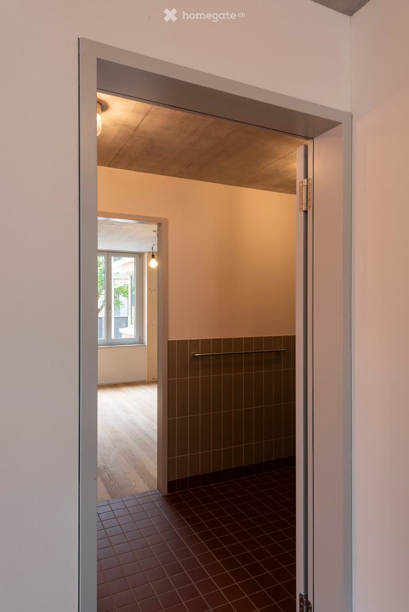 A modern hallway with white walls, tiled floor, and a wooden door leading to another room. The hallway features a built-in shelf and a window at the end, allowing natural light to enter.