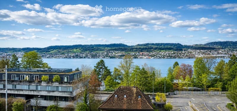 A modern building with a flat roof and large windows, situated on a hillside overlooking a lake and distant cityscape.