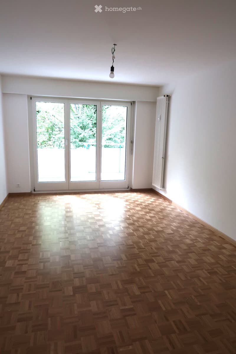 Empty room with wooden parquet flooring, white walls, large sliding glass doors leading to a green outdoor area, and a single light fixture hanging from the ceiling.