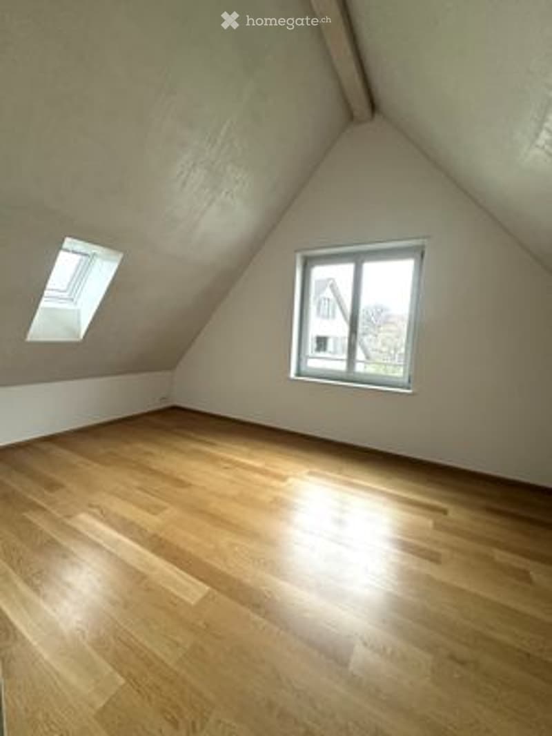 Empty attic room with wooden flooring, slanted ceilings, and two windows allowing natural light.