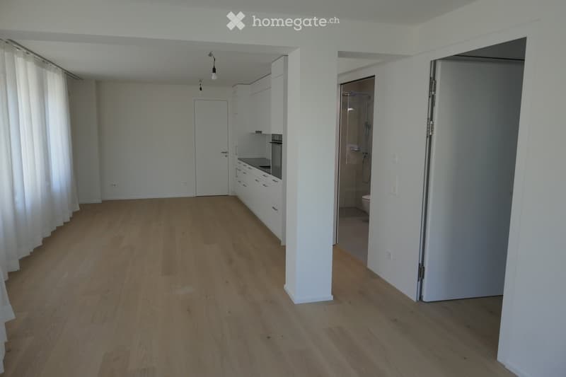 Empty room with light wooden flooring, white walls, and white cabinetry. A doorway leads to a bathroom with a shower and toilet. The room is unfurnished and has a modern, minimalist design.